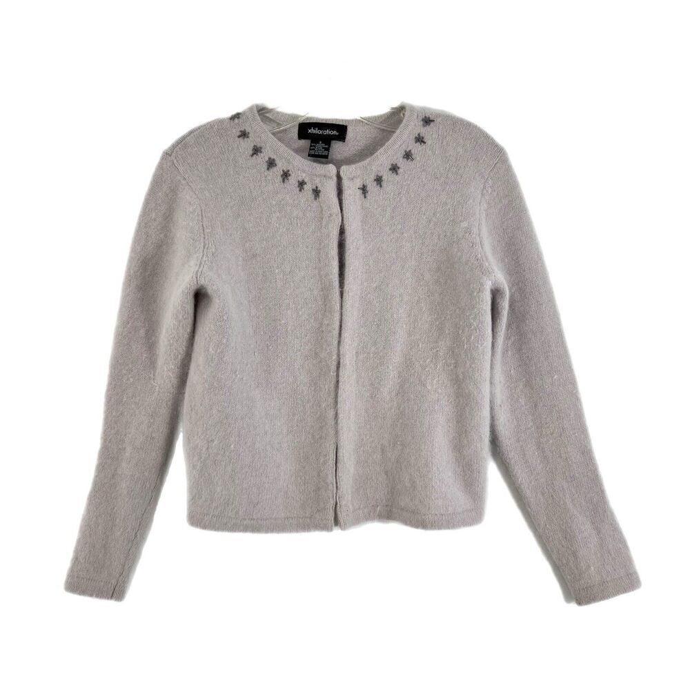 VTG Xhilaration Women's Angora Rabbit Hair Sweater S Gray Embellished Hook N Eye